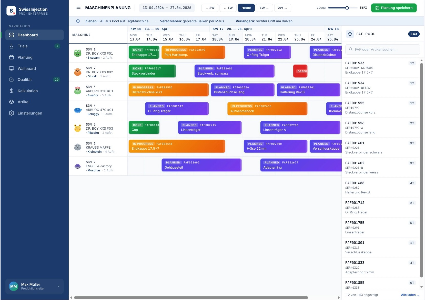 Maschinenplanung mit Gantt in SwissInjection Pro