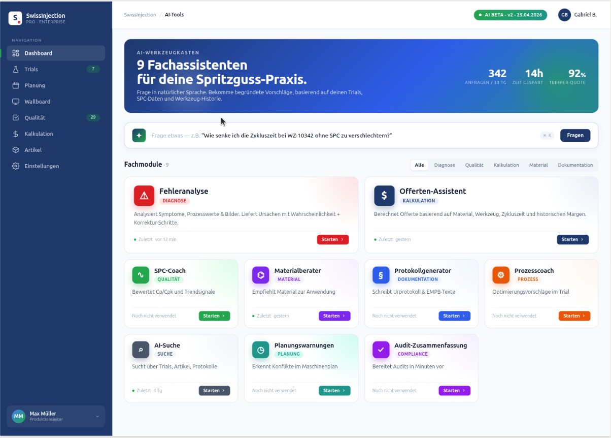 SwissInjection Pro AI-Tools — 9 Fachassistenten
