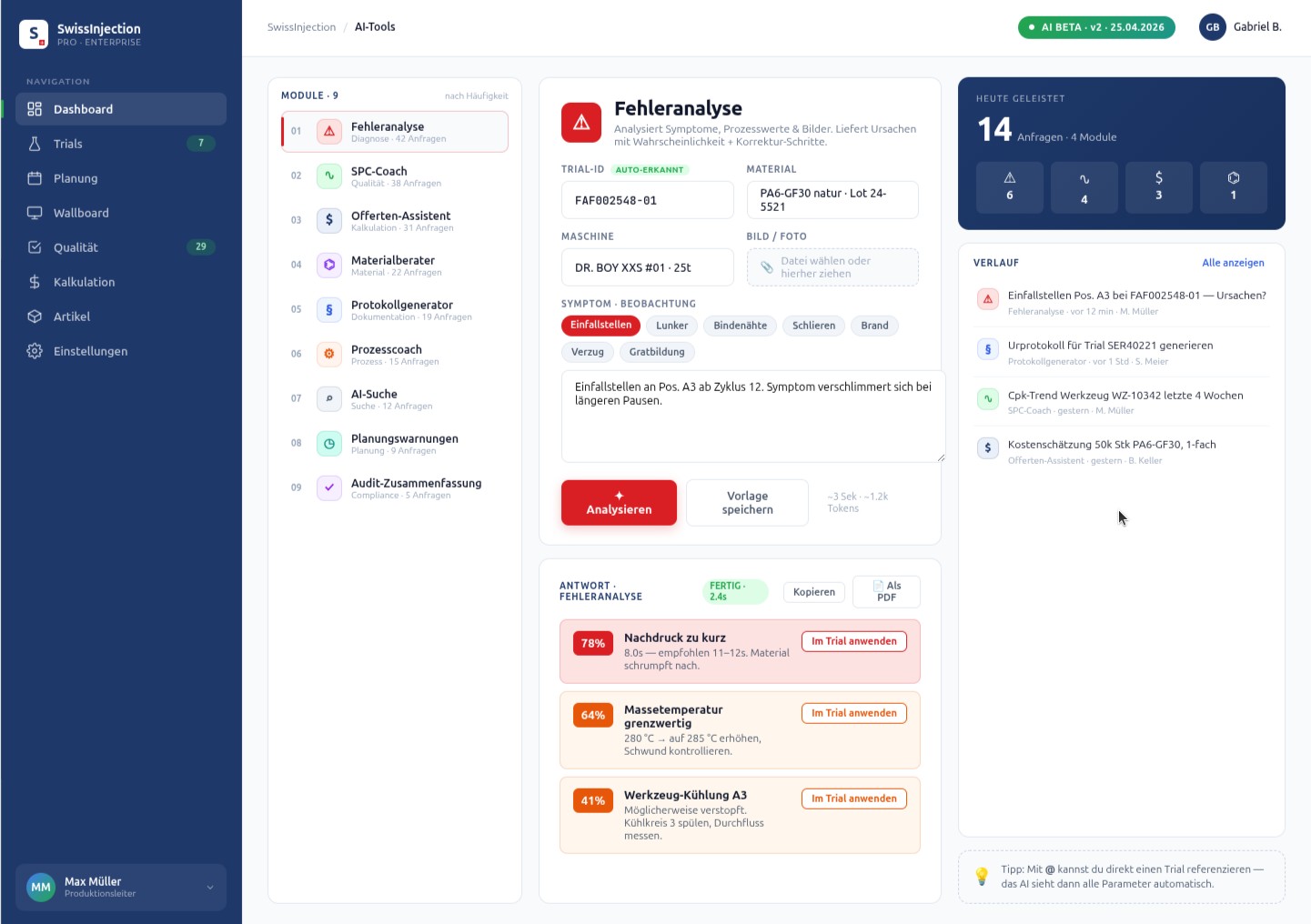 Fehleranalyse mit Wahrscheinlichkeit — SwissInjection Pro